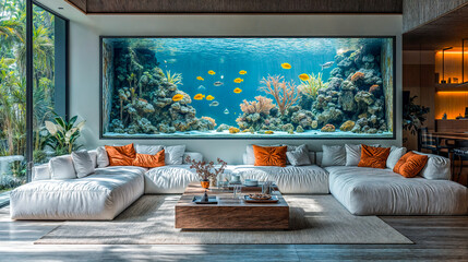 Mur aquarium dans un living room blanc contemporain