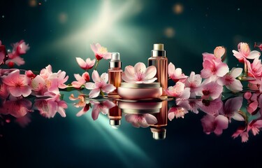 Obraz premium Pink blossoms, a golden bottle and jar on a dark teal background, with blurred bokeh.