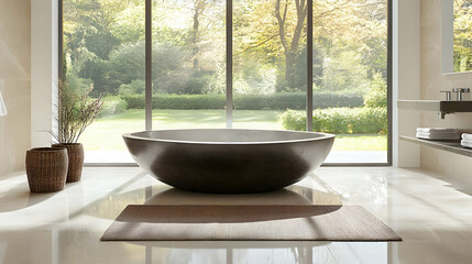 Modern bathroom with a large tub and garden view.