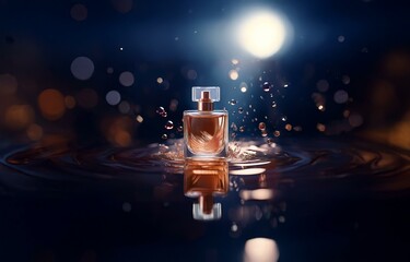 A perfume bottle sits in a pool of liquid with a bright light in the background.