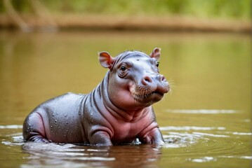 Fototapeta premium Cute happy baby pygmy hippopotamus playing in the water with copy space.