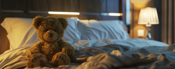 Teddy bear on the bed, 4K hyperrealistic photo
