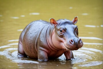 Fototapeta premium Cute happy baby pygmy hippopotamus playing in the water with copy space.