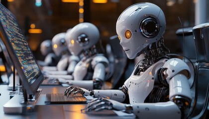 Fototapeta premium AI chatbots engaged in conversation while working on computers in a modern office