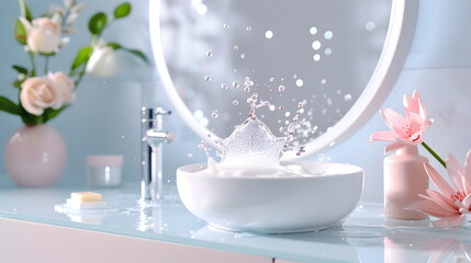 Water Splash in Lab: Crystal-clear water droplets explode in a dynamic splash, set against the blurred backdrop of a modern scientific laboratory.  The image evokes purity, precision.