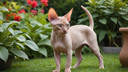 Red sphynx cat in the garden
