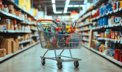 Shopping cart full of tools in a hardware store.