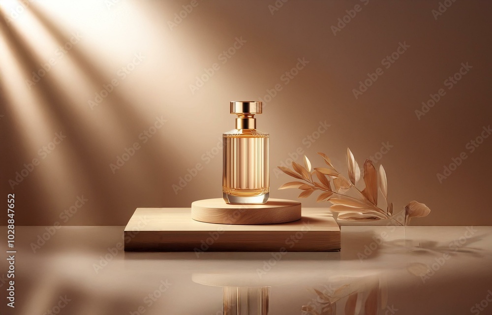 Poster a single bottle of perfume sits on a wooden platform with a light source behind it. a branch of drie