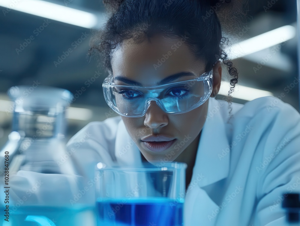 Poster scientist in a laboratory intently analyzing a blue substance in a beaker, showcasing precision and 