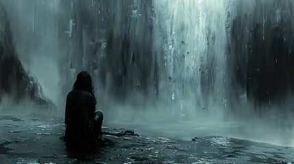Obraz premium Solitude by the Waterfall - A Moody Landscape Painting