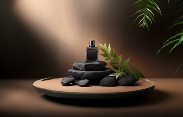 A black perfume bottle on stacked black stones, with a single leafy branch and a brown circular tray.