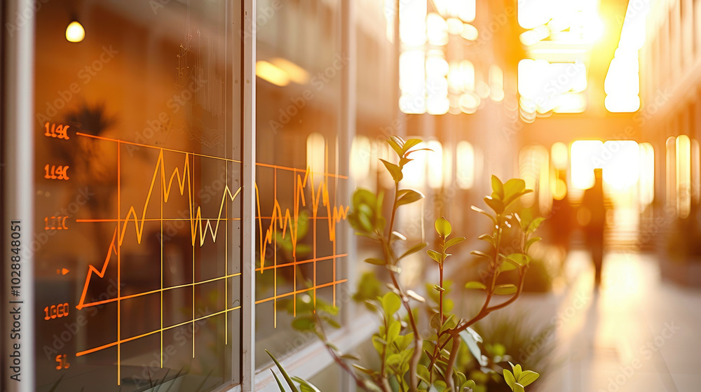 Poster finance chart displaying rise in stock market trends is illuminated by warm sunlight, creating vibra