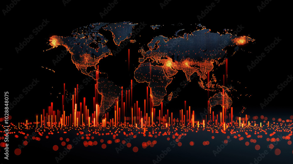 Aufkleber visualizing global data trends, this showcases world map illuminated by vibrant orange and red data 