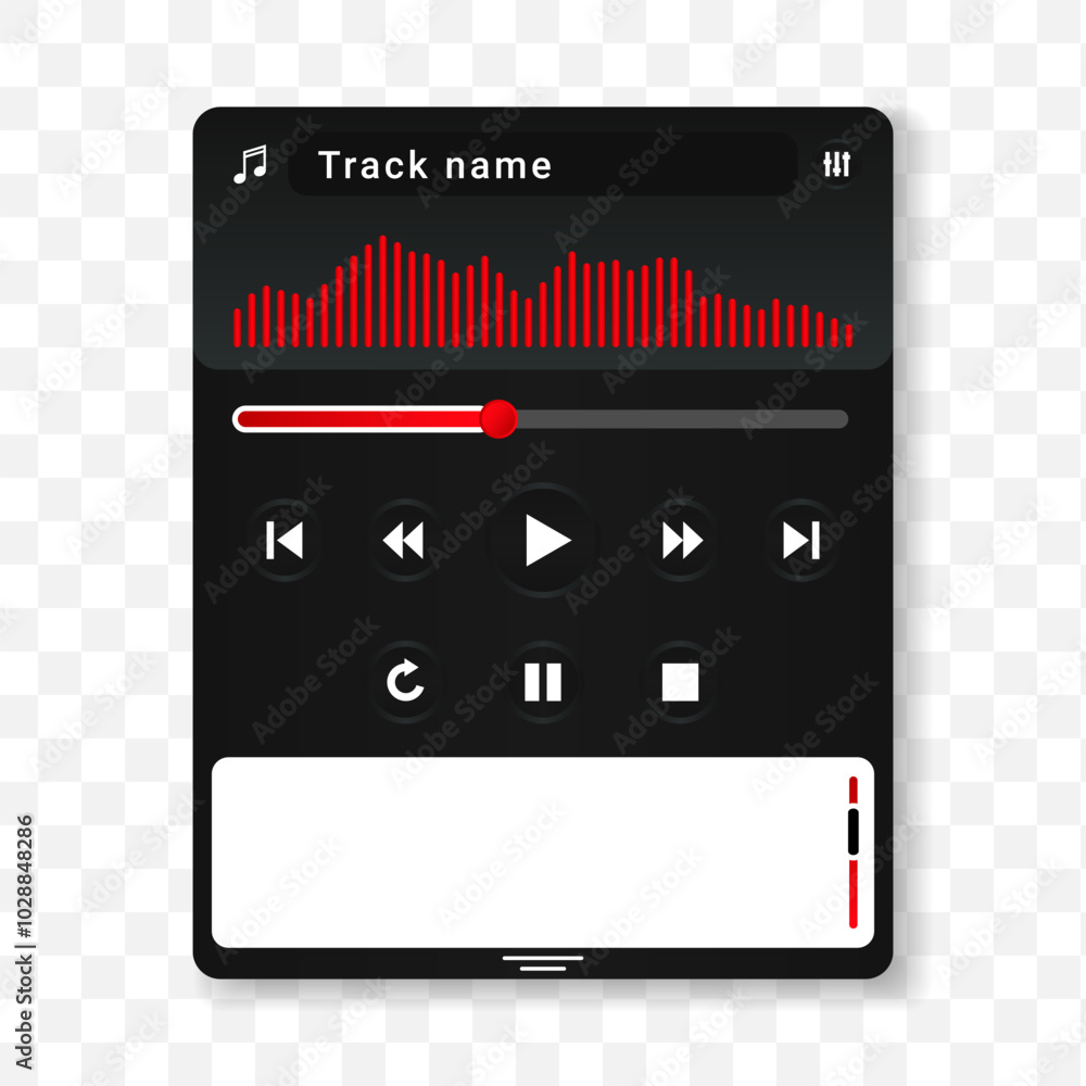 Poster music audio player user interface in black with red elements. musical ui to play the track. vector i