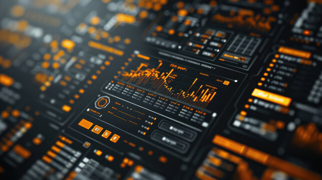 Data visualization tools display financial metrics and trends in sleek, modern interface. vibrant orange and black color scheme enhances readability and engagement