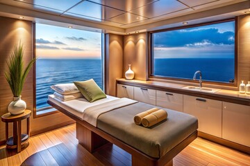 Naklejka na ściany i meble Modern spa room on cruise ship with ocean view at sunset