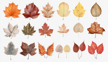 A collection of vibrant autumn leaves on a white background for seasonal decor
