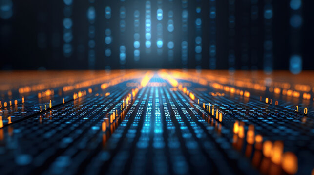 Digital data streams create mesmerizing visual of binary code flowing in futuristic environment, symbolizing technology and innovation