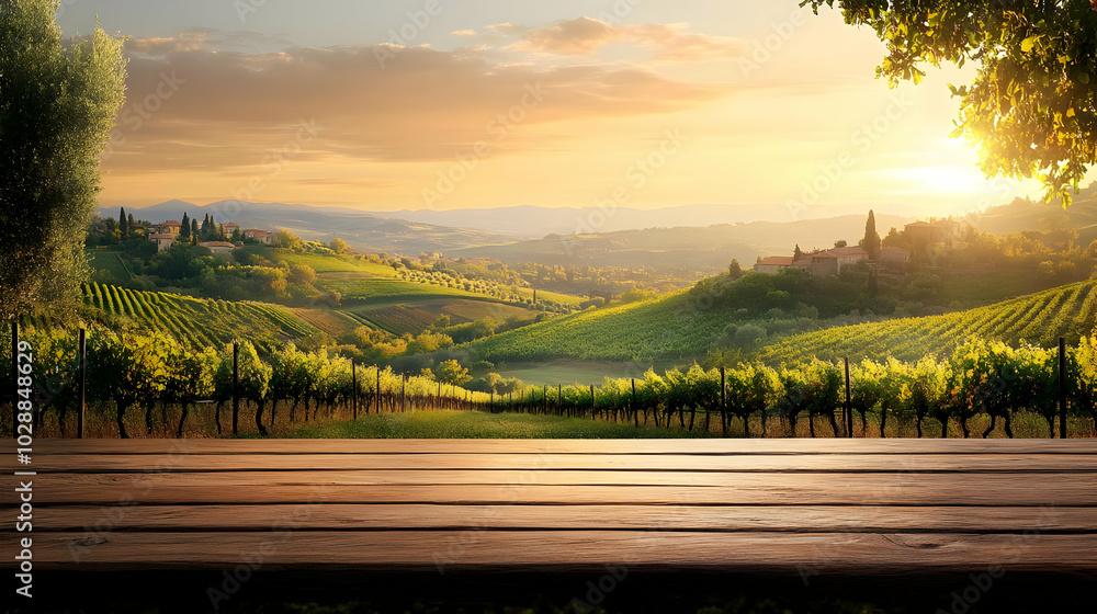 Poster Scenic vineyard landscape at sunset with rolling hills.