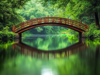 serene wooden bridge arching gracefully over a tranquil river, surrounded by lush greenery and reflections in the water, evoking peace and harmony with nature