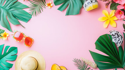 Tropical fruits assortment with fresh juice palm leaf background Top view Close up , Flat lay of summer vibes concept with colorful pool party items, funny sunglasses, cocktail glasses , inflatable 