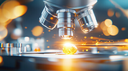 Close-up of a Microscope Lens with Orange Sample A highly detailed close-up of a modern microscope lens focusing on an orange sample. The precision optics and soft lighting emphasi