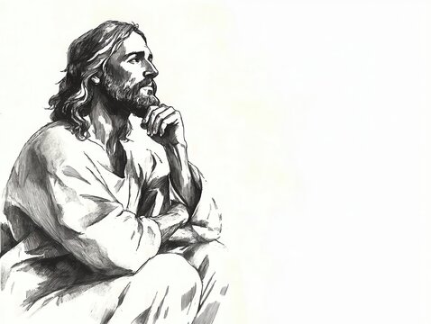 sketch of a contemplative jesus christ against a minimal white background, inviting reflection and contemplation with ample space for personal interpretation and thought