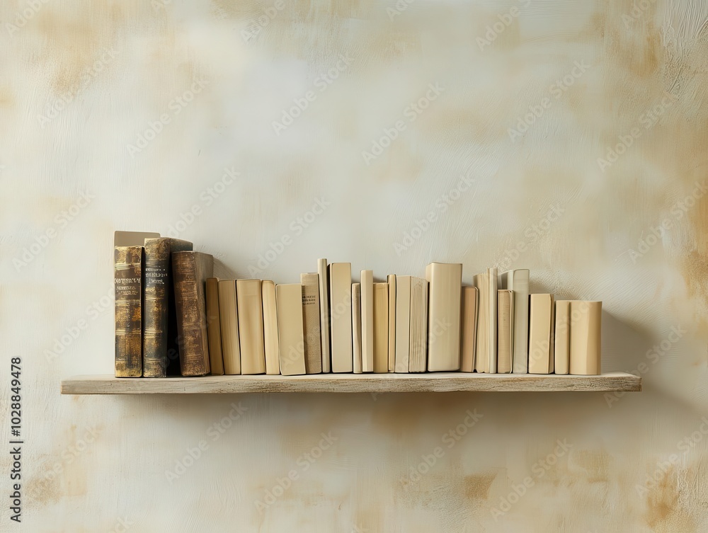 Aufkleber sleek minimalist bookshelf adorned with precisely organized books, set against a soft, abstract back