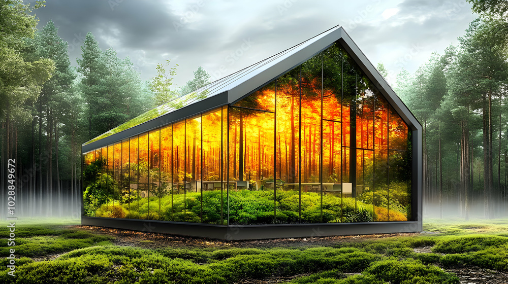 Poster Modern glass house blending nature with contemporary design.