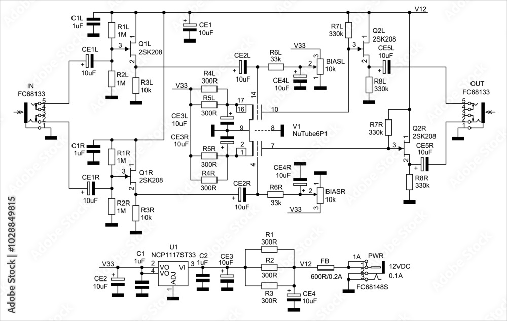 Canvas Prints Schematic diagram of analog electronic device on paper sheet.  Vector drawing electrical circuit with 
switch, capacitor, resistor, transistor,
connector, other components.