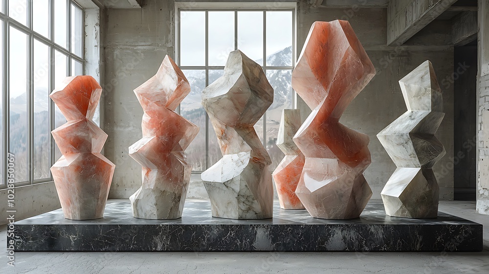 Poster six abstract marble sculptures arranged in a row on a platform in a modern industrial space with lar