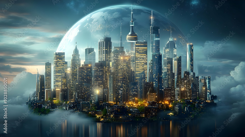 Poster Futuristic cityscape under a large celestial body.