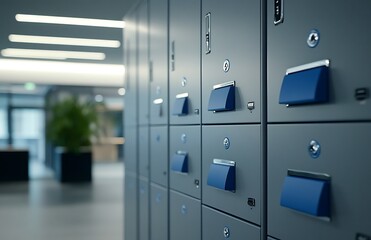 Close-up of gray lockers with blue locks in an office
