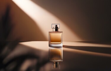 A single bottle of perfume with a gold cap sits on a beige surface, illuminated by a beam of light.