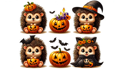Obraz premium Clipart set of a funny Halloween baby hedgehog, isolated on a white background 