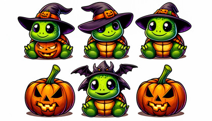 Vector style a Clipart set of a funny Halloween baby turtle, isolated on a white background 