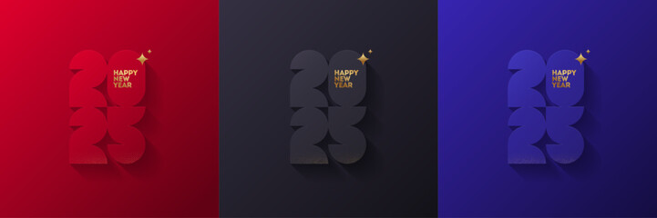 Set ot 2025 New Year logo with golden elements. Greeting card with new year sign. Text design for flyer, greeting card, invitation, calendar, etc. Vector illustration.
