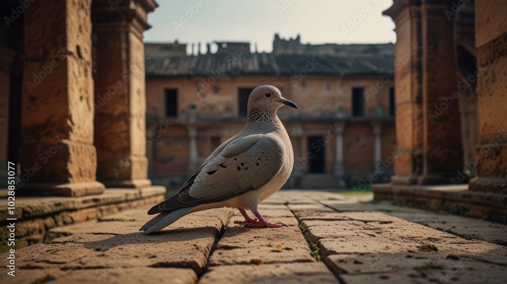 Poster a single dove stands on a stone path in front of a crumbling building with columns, bathed in warm s
