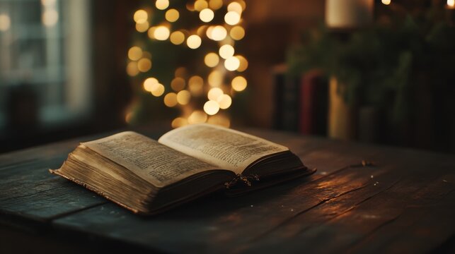 An empty scene featuring a half-open mysterious book on an old wooden table, creating an ideal product mockup space, with ample copy space for text,