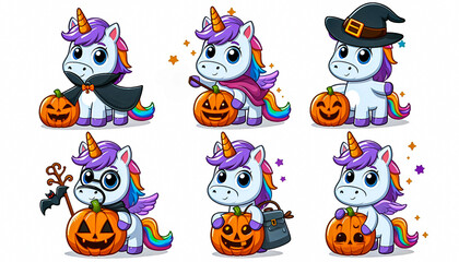 Obraz premium Cartoon Clipart set of a funny Halloween unicorn, isolated on a white background 