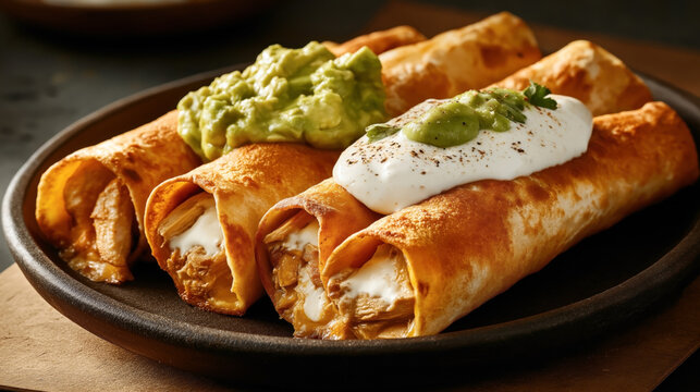 Four crispy taquitos filled with chicken, topped with sour cream and guacamole, served on a dark plate.