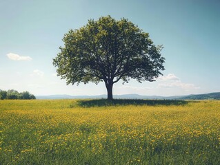 solitary tree standing resilient in a picturesque countryside, its branches stretching towards the sky, symbolizing endurance and the beauty of nature in a vast, open field