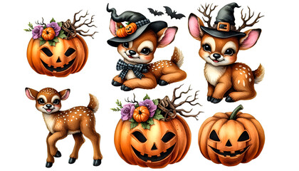 Fototapeta premium Watercolor Clipart set of a funny Halloween baby deer, isolated on a white background