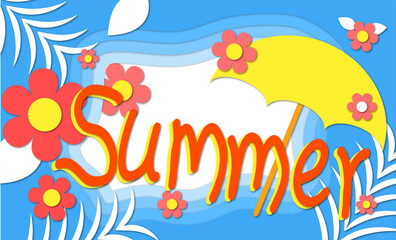 Summer text in orange color,  yellow color umbrella and  flowers in the background. Vibrant color beach scene in paper cut out style.