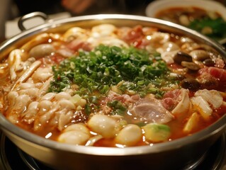 spicy hot pot bubbling with vibrant colors of meat, vegetables, and mushrooms, invitingly displayed in a shiny silver pot, evoking a sense of warmth and culinary delight
