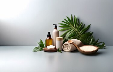 Spa products and tropical leaves on a gray surface.
