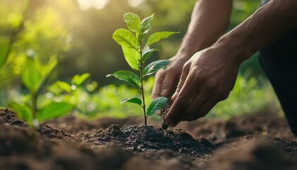 Men planting young trees to enhance air quality and combat global warming
