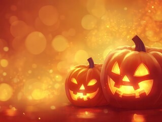 Fototapeta premium spooky halloween pumpkins with glowing faces illuminated against a blurred orange background, creating a festive and eerie ambiance perfect for seasonal design