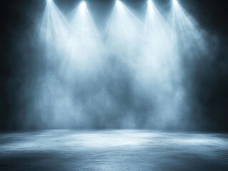 spotlights illuminating an empty stage, creating a dramatic atmosphere, anticipation building in the air for an upcoming performance amidst shadows