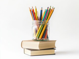 Fototapeta premium stack of books topped with a jar of colorful pencils, showcasing themes of education and creativity against a clean white backdrop, inviting a sense of learning